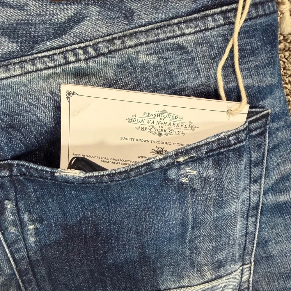 PRPS Barracuda Jean Shorts Mens 34/18 Long Blue Denim Distressed Button Fly Jort